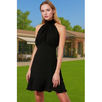 Kadın Halter Yaka A Kesim Mini Elbise Aerobin Dokuma Yazlık Günlük Seçkin Malzeme Rahat Kullanım