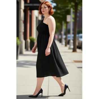 Kadın Hamile Büyük Beden Asimetrik Yaka Tek Kol Crinkle Dokuma Midi Boy Yazlık Elbise Kaliteli