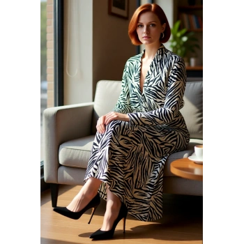 Kadın Hayvan Desenli V Yaka Midi Boy Dokuma Elbise Uzun Kollu Şık Bahar Sonbahar Koleksiyonu