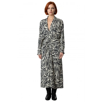 Kadın Hayvan Desenli V Yaka Midi Boy Dokuma Elbise Uzun Kollu Şık Bahar Sonbahar Koleksiyonu