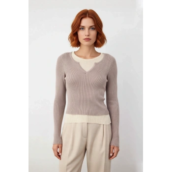 Kadın İç İçe Görünümlü Fitted Triko Bluz Uzun Kollu Basic Tasarım Rahat Günlük Şıklık Sunar