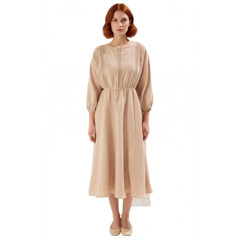 Kadın İlkbahar Sonbahar Dantel Detaylı Bisiklet Yaka Skater Midi %100 Pamuk Elbise Rahatlık ve