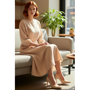 Kadın İlkbahar Sonbahar Dantel Detaylı Bisiklet Yaka Skater Midi %100 Pamuk Elbise Rahatlık ve