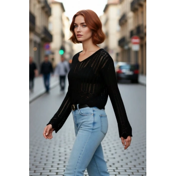 Kadın İnce Akrilik Triko Kazak V Yaka Ajurlu Detaylı Regular Kesim Rahat Günlük Giyim Kaliteli