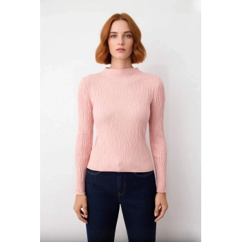 Kadın İnce Triko Dokulu Desen Fitted Kalıp Dik Yaka Standart Kollu Uzun Regular Boy