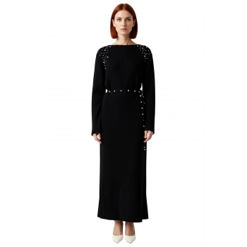 Kadın İnci Detaylı Kuşaklı Maxi Boy Triko Elbise Dik Yaka Standart Kol Rahat Kış Kombini Kaliteli