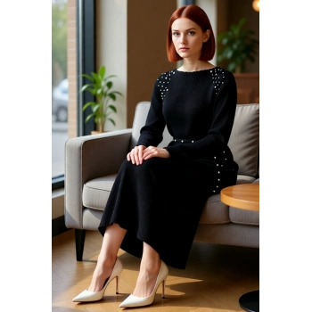 Kadın İnci Detaylı Kuşaklı Maxi Boy Triko Elbise Dik Yaka Standart Kol Rahat Kış Kombini Kaliteli