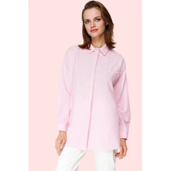 Kadın İncili Detaylı Pamuklu Dokuma Gömlek Günlük Kullanım İçin Yaz Aylarının Vazgeçilmezi