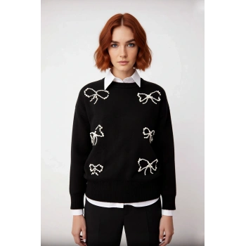 Kadın İncili Fiyonk Desenli Triko Kazak Regular Kalıp Bisiklet Yaka Orta Kalınlık İlkbahar Sonbahar