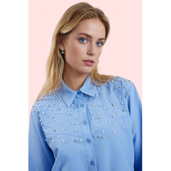 Kadın İncili Taş Detaylı Dokuma Gömlek Uzun Kollu Günlük Hafta Sonu Yaz Aylarının Vazgeçilmezi
