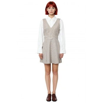 Kadın Jile Elbise Bej Ekose Kareli %100 Pamuk V Yaka Mini Boy Dokuma Günlük Kombinler İçin İdeal