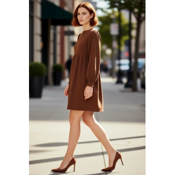 Kadın Kahverengi A Kesim Bürümcük Dokulu Balon Kol Bisiklet Yaka Uzun Kollu Mini Elbise Günlük
