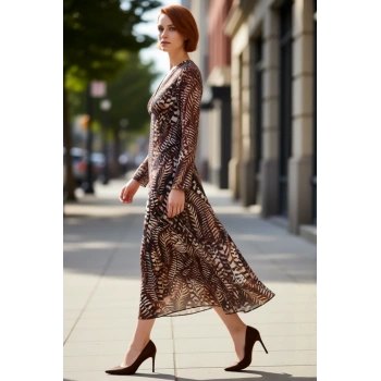 Kadın Kahverengi A Kesim Maxi Şifon Dokuma Elbise V Yaka Uzun Kol Feminine Şık Gündüz Gece