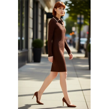 Kadın Kahverengi Akrilik Polo Yaka Bodycon Triko Mini Elbise Rahat Kış Günleri İçin Şık Seçim