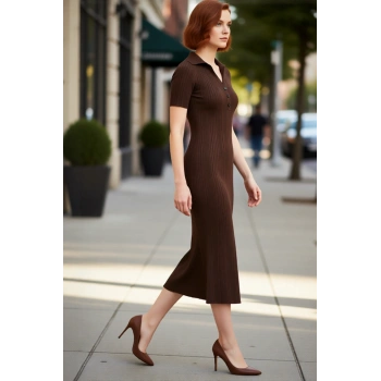 Kadın Kahverengi Bodycon Maxi Polo Yaka Standart Kısa Kollu Triko Elbise Günlük Şık Rahat İlkbahar