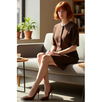 Kadın Kahverengi Düz Desen Kısa Kol A Line Dokuma Elbise Modern Mini Boy Ofis ve Günlük Kullanım