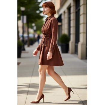 Kadın Kahverengi Düz Dokuma Gömlek Elbise Uzun Kol Mini Boy Şık ve Rahat Kış Kombinleri İçin İdeal