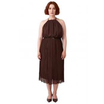 Kadın Kahverengi Halter Yaka Kolsuz Şifon Dokuma Maxi Boy Elbise Yaz Davetleri İçin İdeal Kaliteli