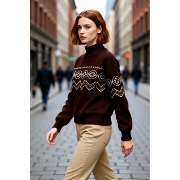 Kadın Kahverengi Pike Dokumalı Etnik Desenli Dik Yaka Triko Kazak Soğuk Günler İçin İdeal Seçim