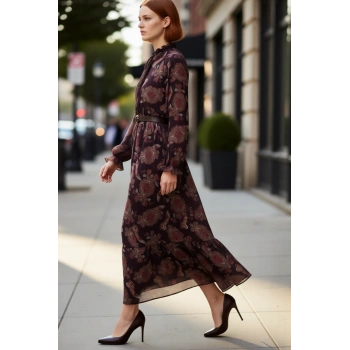 Kadın Kahverengi Şal Desenli Kemerli Balon Kol Maxi Şifon Astarlı Tesettür Elbise Günlük Kaliteli