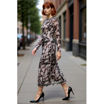 Kadın Kahverengi Soyut Desenli Büzgü Detaylı A Line Maxi Örme Elbise Kışa Özel Şıklık. Kaliteli