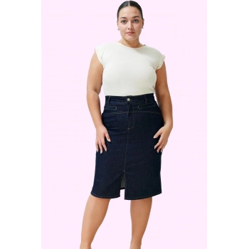 Kadın Kalem Denim Midi Etek Yüksek Bel Cepsiz Kemersiz Günlük Şık Yaz Aylarının Vazgeçilmezi