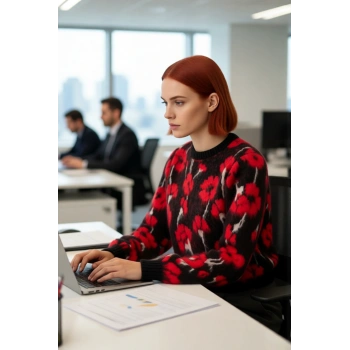 Kadın Kalın Çiçekli Triko Kazak Regular Kesim Bisiklet Yaka Düşük Kol Günlük Kombinler İçin Şık