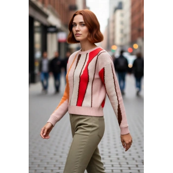 Kadın Kalın Triko Kazak Regular Kesim Renk Bloklu Bisiklet Yaka Düşük Kol Kış Stili Kaliteli