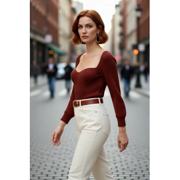 Kadın Kalp Yaka Crop Triko Kazak Regular Kalıp Uzun Kollu Fitilli Akrilik Günlük Şık Giyim