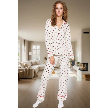 Kadın Kalpli Desenli Pamuklu Pijama Takımı Rahat Ev Giyim Seti Kış Mevsimi Kullanım