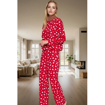 Kadın Kalpli Pamuklu Pijama Takımı Rahat Ev Giyim Seti Kışlık Şık Görünüm Özel Tasarım Modern Stil