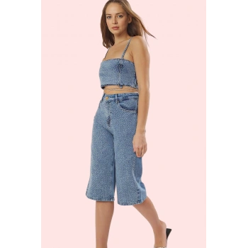 Kadın Kapri Boy Denim Bermuda Şort Pamuk Yüksek Bel Tasarım Günlük Ve Özel Günler Hafta Sonu