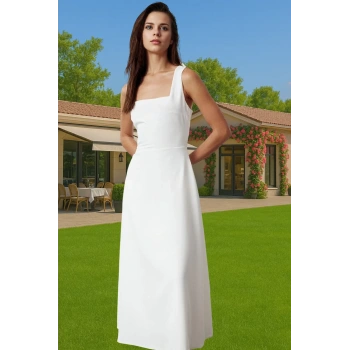 Kadın Kare Yaka A Kesim Midi Abiye Elbise Polyester Elastan Yazlık Mükemmel Uyum Zarifane Tasarım