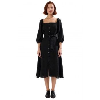 Kadın Kare Yaka Full Düğmeli Midi Boy Kuşak Detaylı Dokuma Balon Kol Gömlek Elbise Kaliteli