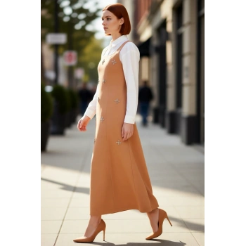 Kadın Kare Yaka Taş İşlemeli Dokuma Jile Elbise Modern Şıklığı Her Ortama Taşıyan Stil Kaliteli