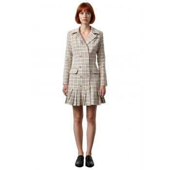 Kadın Kareli Desen Ceket Yaka Fırfırlı Etekli Uzun Kollu Düğmeli %100 Pamuk Tüvit Elbise İş Şıklığı