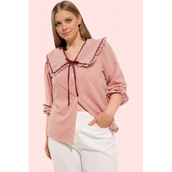 Kadın Kareli Dokuma Gömlek; Bebe Yaka Rahat Kalıp Günlük Stil Hafta Sonu Dayanıklı Malzeme