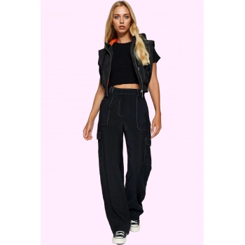 Kadın Kargo Pantolon; Aerobin Dokuma; Yüksek Bel; Geniş Paça; Düz Desen; Günlük Ve İş Hayatı