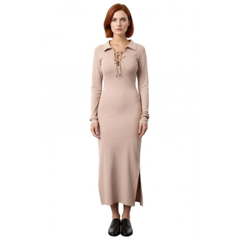 Kadın Kaşkorse Bodycon Uzun Kollu Polo Yaka Bağcık Detaylı Midi Elbise Günlük Şıklık Sunan