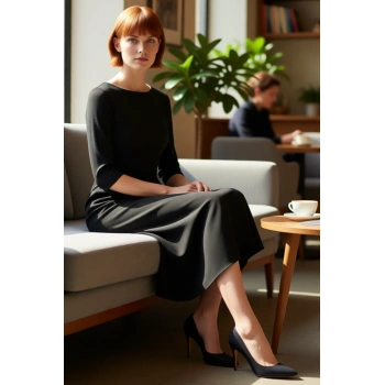 Kadın Kayık Yaka 3 4 Kol Midi Elbise Skater Kesimiyle Modern Ve Zamansız Bir Görünüm Sunar