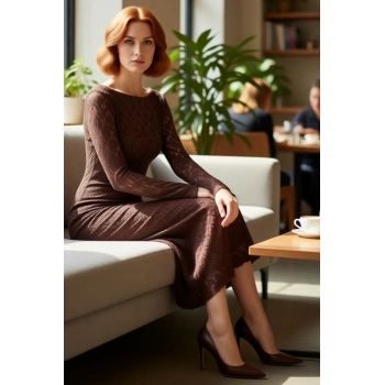 Kadın Kayık Yaka Bodycon Kesim Uzun Kollu Astarlı Dantel Detay Maxi Şık Mezuniyet Elbisesi