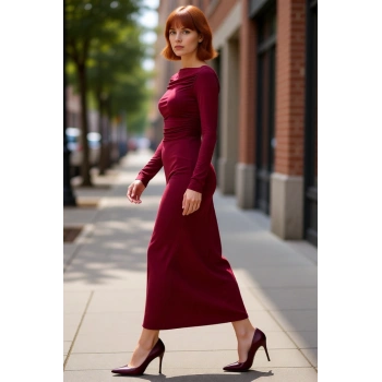 Kadın Kayık Yaka Bodycon Uzun Kollu Midi Elbise Büzgü Detaylı Örme Kumaş Tüm Sezonlar İçin Şık