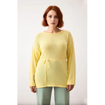 Kadın Kayık Yaka Düz Regular Kalıp Uzun Kollu Triko Kazak Beli Kuşaklı Şık Baharlık Stil Kaliteli