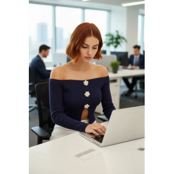 Kadın Kayık Yaka Fitted Basic İnce Triko Kazak Çiçek Düğmeli Düşük Kol Detaylı Şık Model Kaliteli