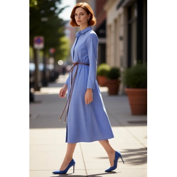 Kadın Kemer Detaylı A Kesim Gömlek Yaka Uzun Kollu Dokuma Tesettür Giyim Maxi Elbise Kaliteli