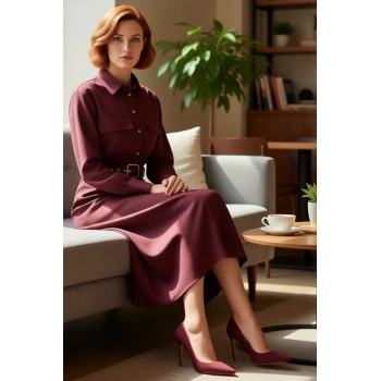 Kadın Kemerli A Line Midi Boy Gömlek Yaka Düz Dokuma Elbise Kış Sezonu İçin İdeal Şıklık Kaliteli