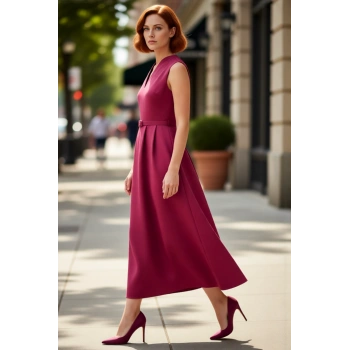 Kadın Kemerli V Yaka Skater Siluet Saten Dokuma Maxi Elbise Gece Davetleri İçin Şık Tasarım