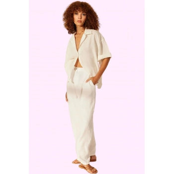 Kadın Keten Geniş Paça Pantolon Yüksek Bel Dokuma Kumaş Günlük Hafta Sonu Kaliteli Malzeme