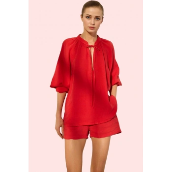 Kadın Keten Gömlek Dik Yaka Basic Kalıp Uzun Kol Günlük Hafta Sonu Yaz Aylarının Vazgeçilmezi