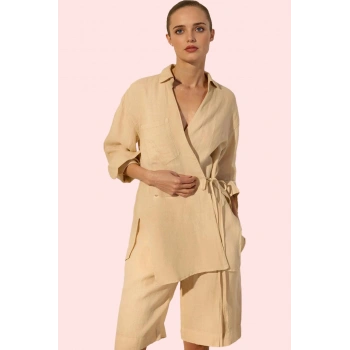 Kadın Keten Gömlek; Kruvaze Dik Yaka Regular Kalıp Günlük Kullanım İçin İdeal Modern Tasarım